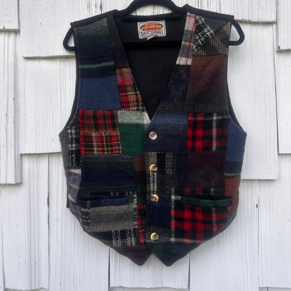 Paragraff‎ Clothing Co Patchwork Wool Blend Vest Small Plaid Tartan Multicolor - Picture 2 of 9